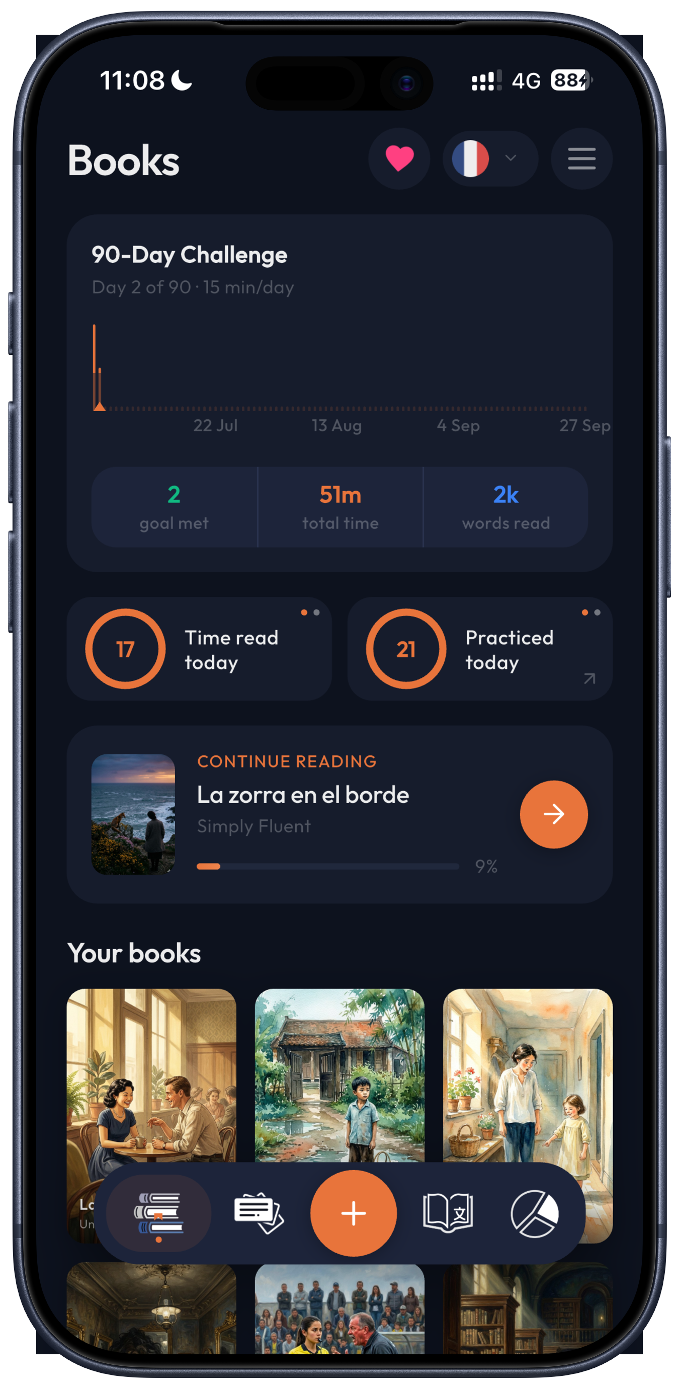 The home screen, with the book you are in the middle of and your books below it