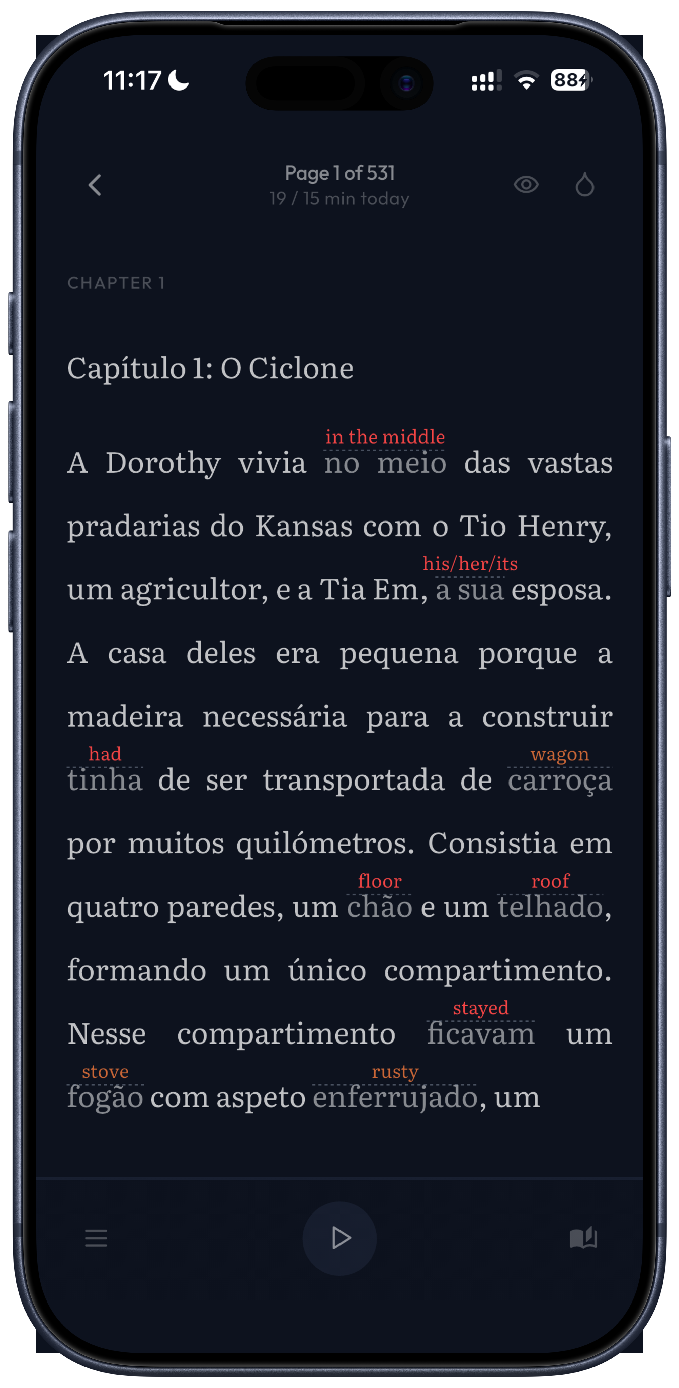 The reader with translations above the words