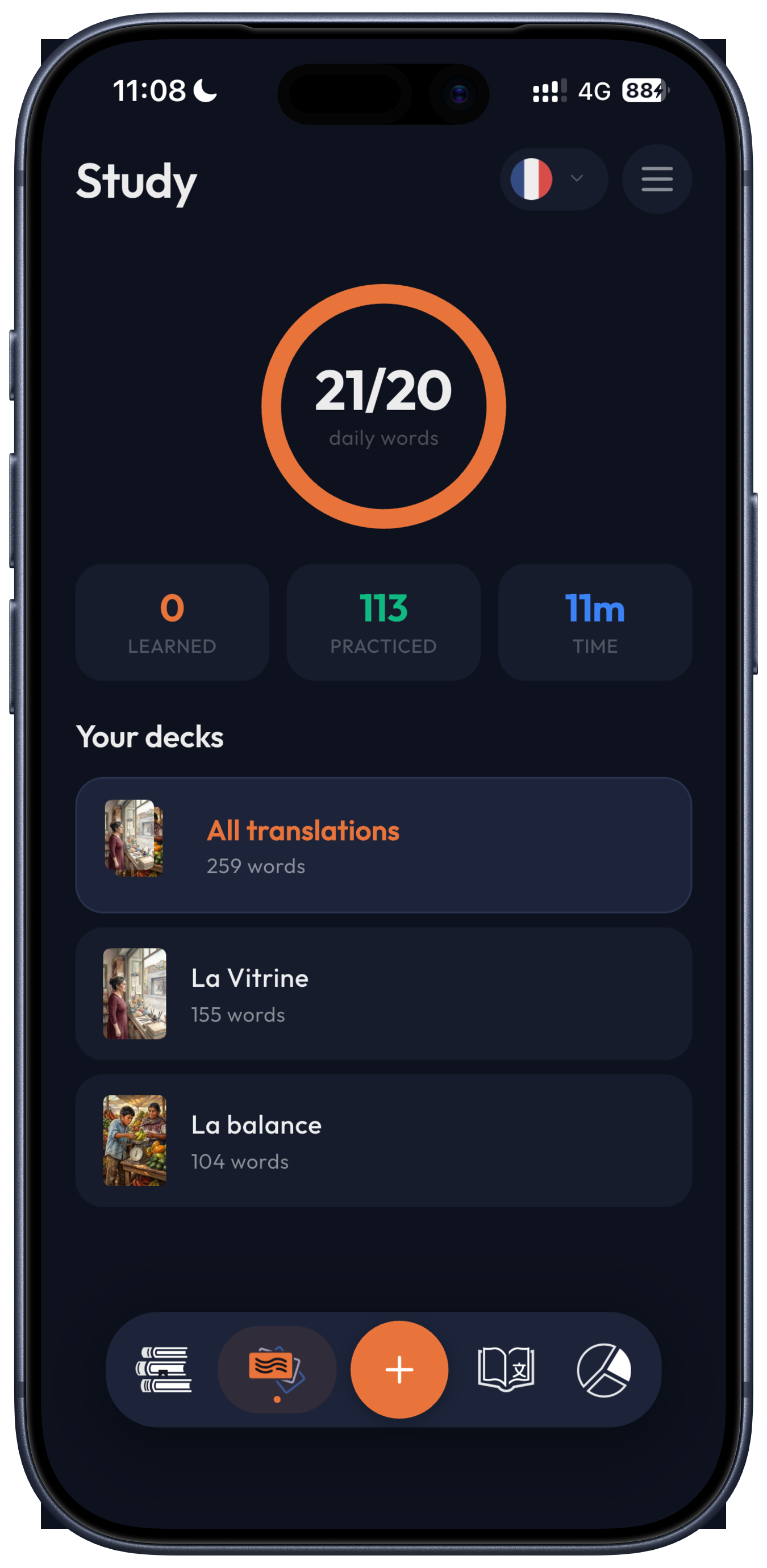 The flashcards home, with decks built from the words saved while reading
