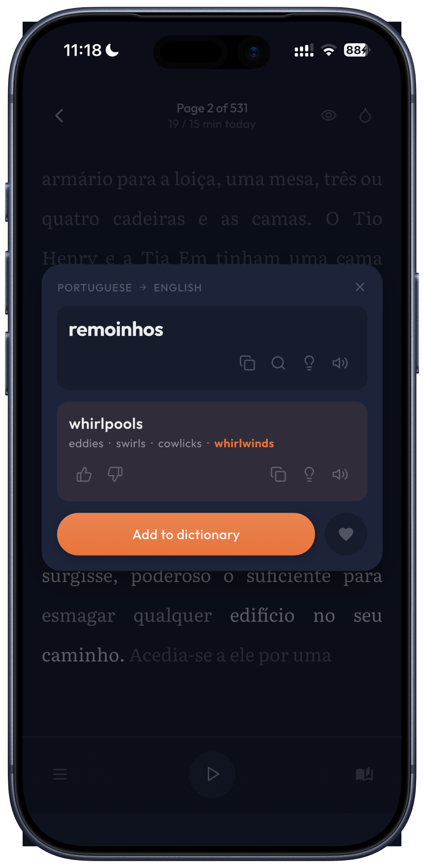 The lookup card for remoinhos, translated as whirlpools, with other meanings listed and an add to dictionary button