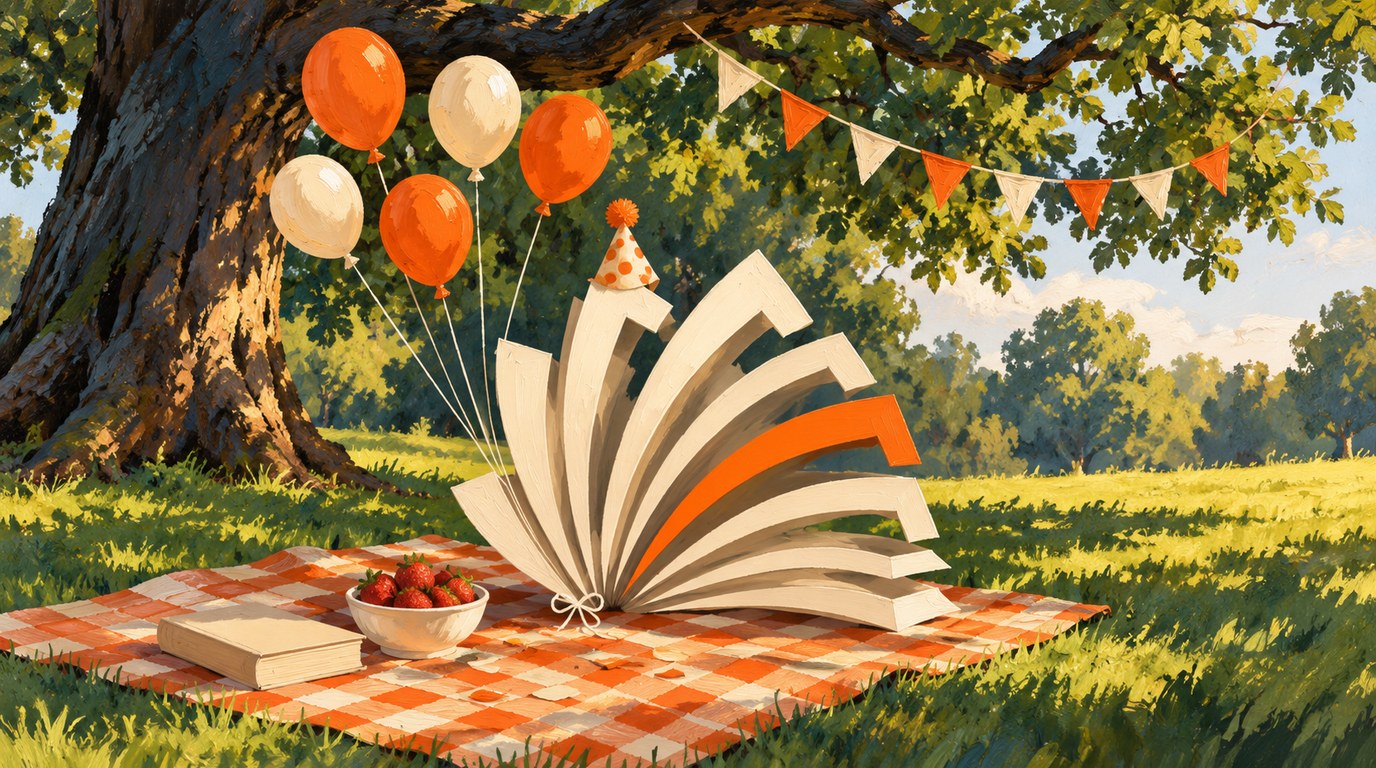 The Simply Fluent logo in a party hat on a picnic blanket under a big tree, with five balloons tied to it, a bowl of strawberries and a paperback beside it.