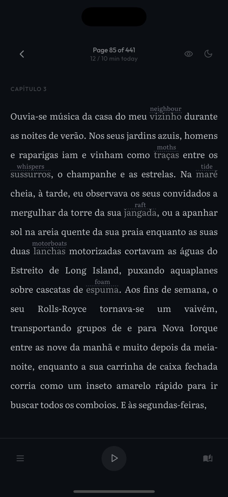 A page of The Great Gatsby in Portuguese in Simply Fluent, with the English meaning shown above each saved word